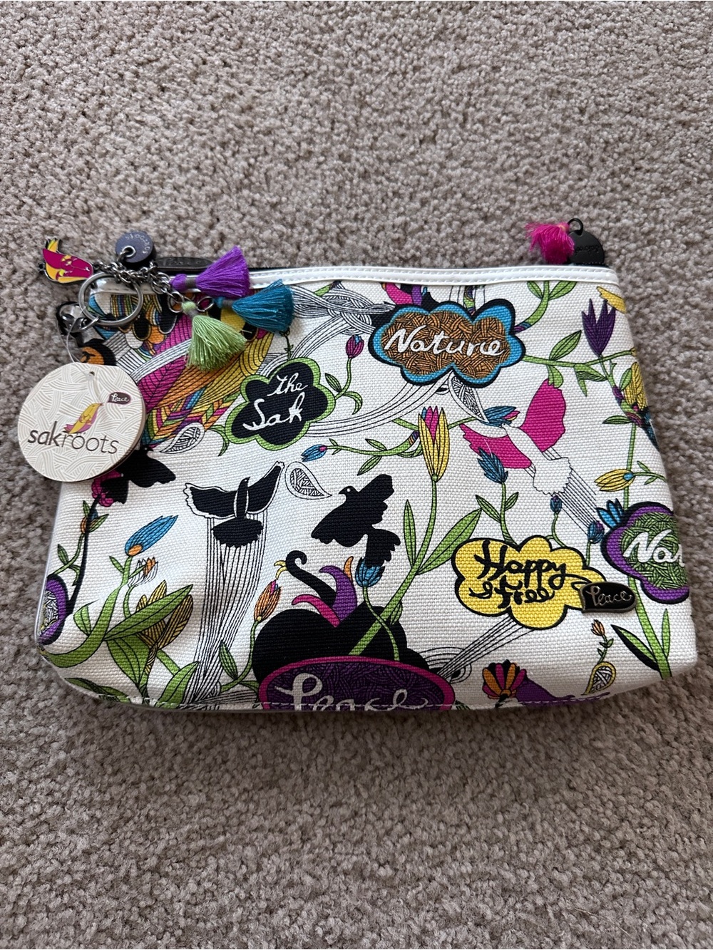 Sakroots Floral Canvas Zip Pouch in White with Multicolor Print